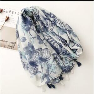 NEW Boho Butterfly Design Tasseled Rectangle Soft Chic Scarf Large Blue White